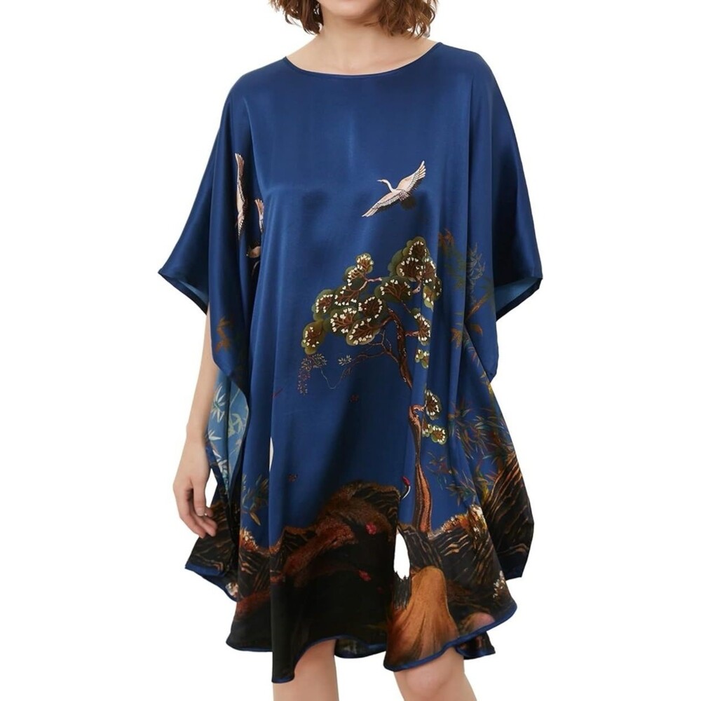 100% Silk Artsy Birds Batwing Kimono Tunic Dress Robe One Size Navy Ledamon